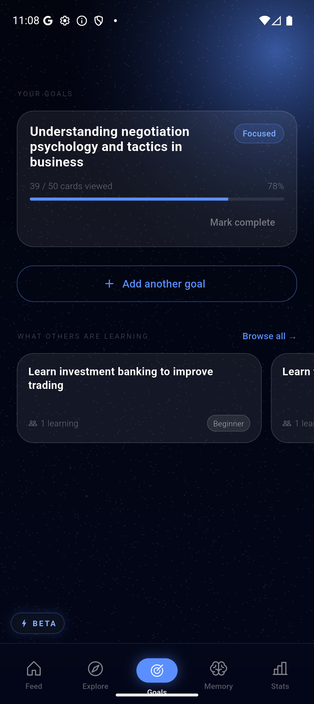 Goals tab showing an active goal with progress bar and a 'what others are learning' row